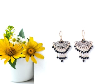 Christmas Gift|for|Woman Bohemian Earrings Chandelier Earrings Black Earrings Gold Earrings Gemstone Earrings Gift Idea|for|Daughter Gifts