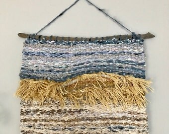 Woven Tapestry, Beach Decor Wall Art, Woven Wall Hanging, Blue and Gold Beach Dunes, Coastal Wall Decor