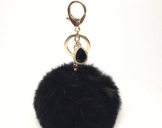NEW! Faux Rabbit Fur Pom Pom bag Keyring keychain artificial fur puff ball in Black Crystals Collection