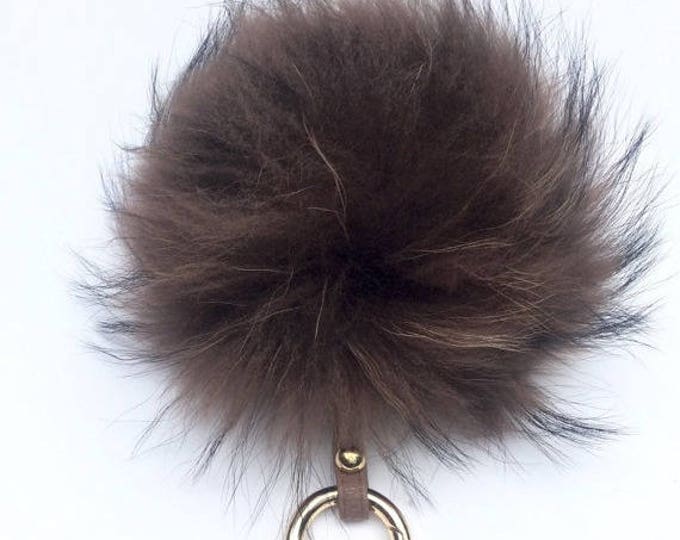Pom-pom bag charm, fur pom pon keychain purse pendant in true brown