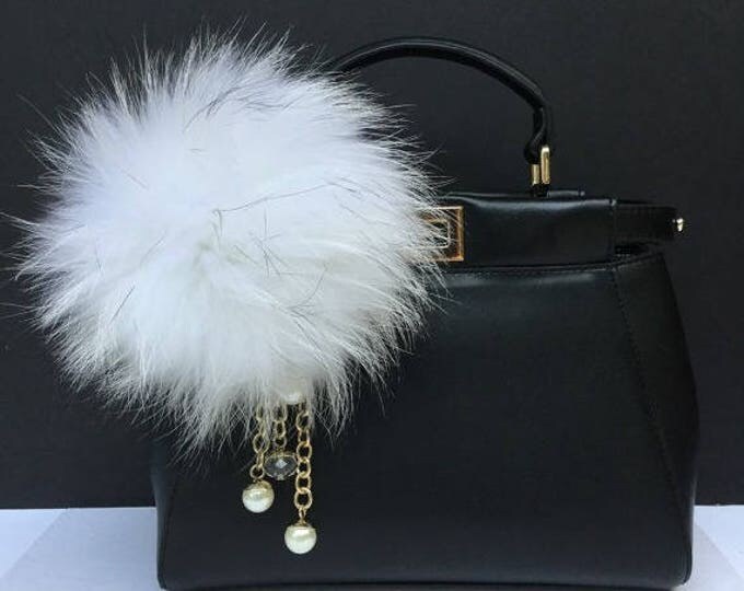 Fur Pom Pom keychain luxury bag charm pendant white with natural tips with pearl charms