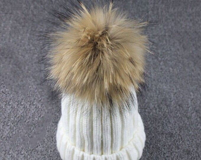 Fur Pom Pom Hat Winter Ski fashion Beanie Raccoon White