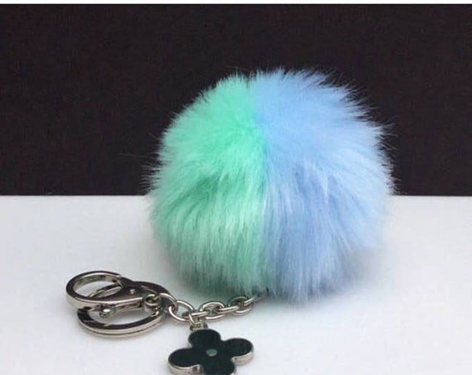Faux Duo Light Blue Green Fur Pom Pom bag Keyring keychain pom pom fake fur ball