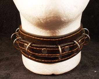 FREE SHIPPING! Handmade brown leather collar with D rings and snap buttons
