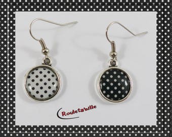 Dangle earrings, cabochon, asymmetric, black and white polka dots