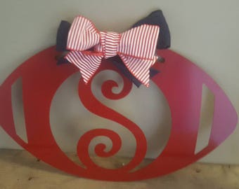 Football door hanger, metal football door wreath with single initial, fall door wreath or door hanger, fall decorations, football sign