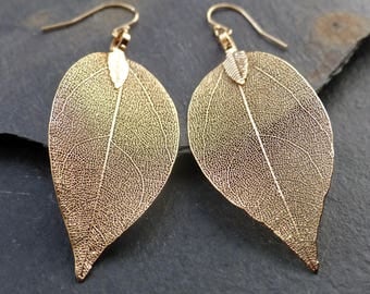 Real leaf earrings, 18K gold leaf earrings, dipped leaves, natural woodland jewelry
