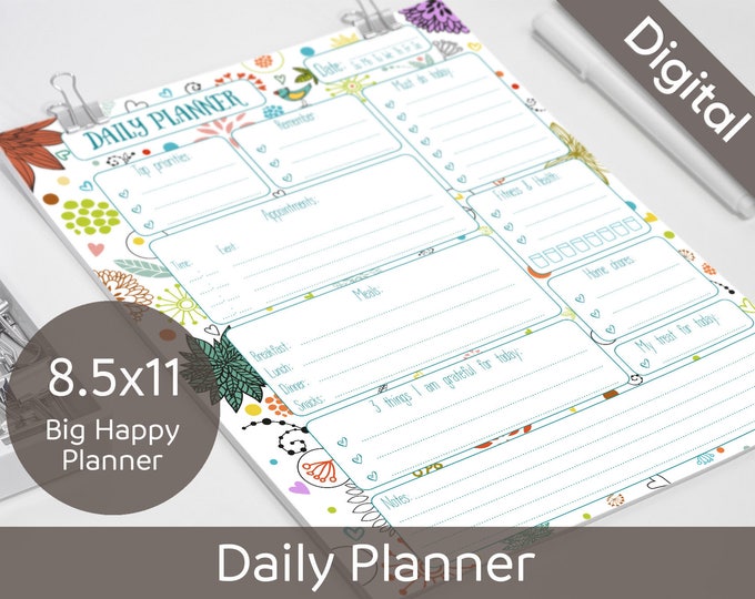 8.5x11 Daily Planner Printable, Printable Daily Schedule, Big Happy Planner, US Letter size, Syasia Cute Floral, DIY PDF Instant Download
