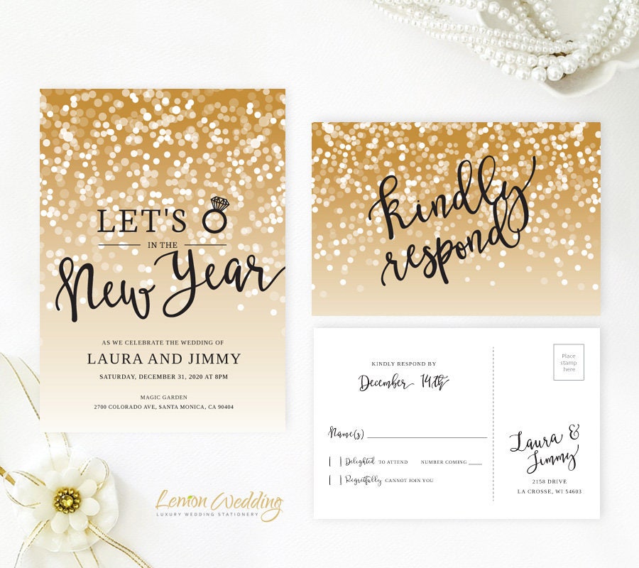 New Year's Eve wedding invitation with RSVP card Gold