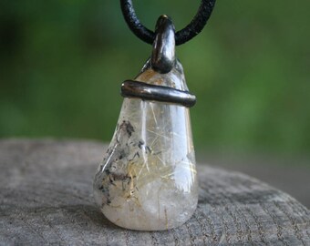 quartz necklace, crystal necklace, gold rutile quartz, men necklace, quartz pendant, men rutilated quartz, ancientold silver tin