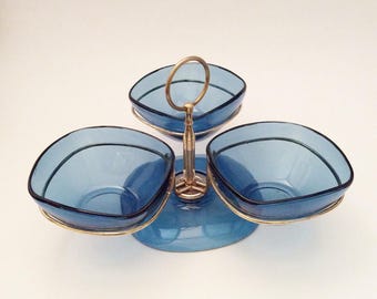 Vintage Vereco France Blue Glass Three Bowl Condiment Serving Set