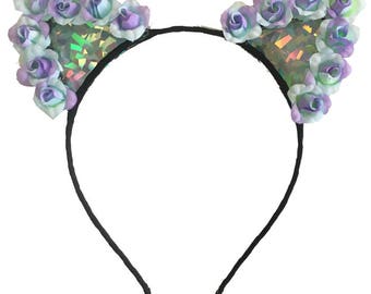 Holographic Pastel Kitties, Cat Ears, Flower Crown, Flower Cat Ears, EDC, Flower Headband, Floral Cat Ears, Kitty Ears, Rave