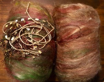 FIBER BATTS mini art batt with matching bits of bling to spin in. Over 2 ozs Easy to spin.