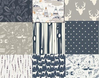 Navy Blue Cotton Fabric Bundle, Quilting Weight, Elk, Stags, Deer Head Antlers, Tee Pees, Woodland Fat Quarter, Feathers, Southwestern, Gray