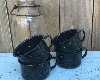 Vintage Enamelware - Enamelware Cups - Enamelware Mugs - Black Enamelware - Splatterware - Speckled Enamelware - Farmhouse Decor
