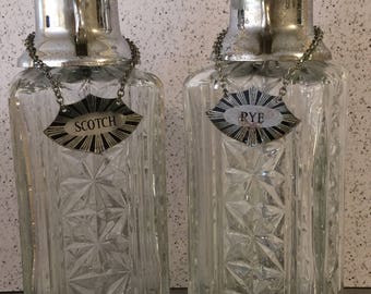 Vintage Art Glass Decanters Set 2 Stainless Pump Spouts Chained Tags | Scotch Rye Vodka Bourbon | Art Deco Style | Modern Bar Cart | Working