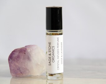Sage + Lavender Crystal Infused Essential Oil Perfume Roller | All Natural Perfume | Smudging Oil | Vegan Perfume