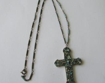 Vintage Blue Cross with Blue Enamel Covered Silver Chain