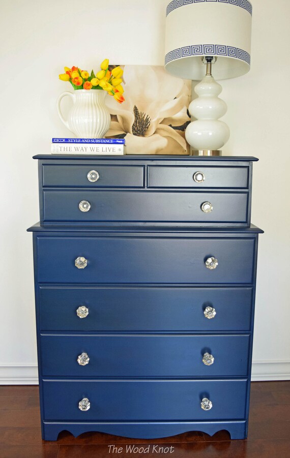 Blue highboy dresser with glass knobs. Painted with Annie