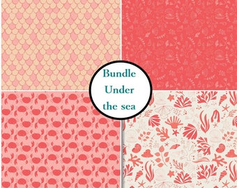 4 prints, Under the sea, Crabs, fischs, pink chaï, white, corail, Camelot Fabrics, Bundle, 1 of each print