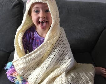 Crochet hooded unicorn blanket, unicorn blanket, crochet blanket