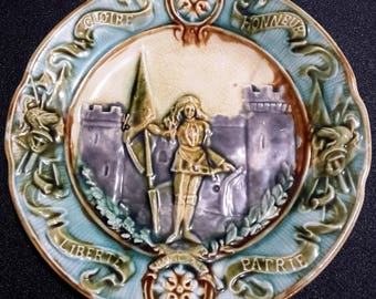 Antique french majolica plate "Jeanne d'Arc, Joan of Arc", french collectible, decorative plate