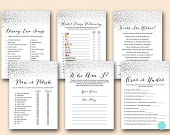 Silver Confetti Bridal Shower Games Package, Download, over or under, pictionary game, movie quote, porn or polish, would she rather BS541B