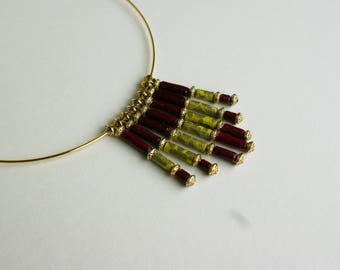 Necklace made of paper lokta Nepalese, Plum, green, gold, "The poet"