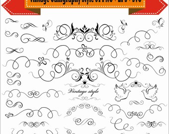 Vintage Calligraphy Style Frame Border Corner Vector Clipart PNG EPS Digital Files Transparent Scrapbook Supplies Clip Art Instant Download