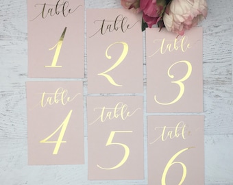 Blush Table Numbers - Wedding Table Numbers - Pink Table Numbers - Gold Table Decor - Pink Table Markers - Gold Foil Table Numbers - Blush