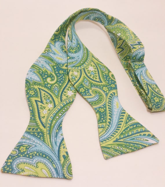 Green Teal Paisley Self Tie Bow Tie Adjustable Freestyle