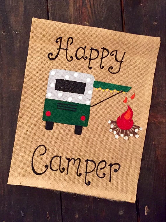 Happy camper flag/burlap garden flag/burlap camping