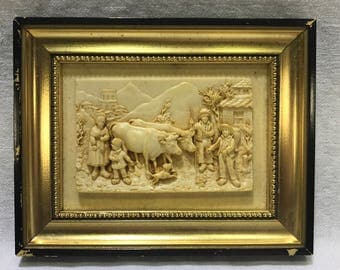 Faux Carved Ivory Dutch Mountainside Village Family