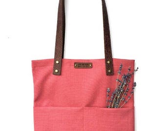 Tote Bag with Embossed Leather Handles - Tulip