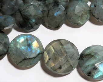 LARGE 15mm Labradorite Faceted COIN stone bead strand Rainbow Flash Gemstone Beads Full Strand 8" Fire Healing Crystal Jewelry Supplies gem