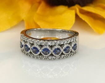 Sapphire and Diamond Three Row Band Wedding Anniversary 14k White Gold #1836