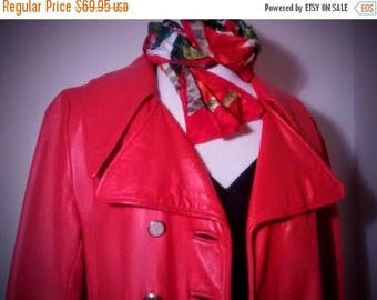ON SALE Red Leather Vintage Ladies Coat - Double-Breasted Smooth Leather