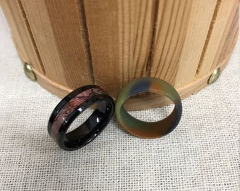 Custom - 8mm Black Ceramic Beveled Edge with Forest Hunter Camo Inlay Wedding Band Ring for Men + Free Camo Silicone Rubber Ring