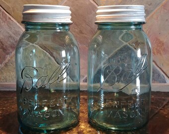 2 Blue quart "Unlucky" number 13 Ball jars with zinc lids