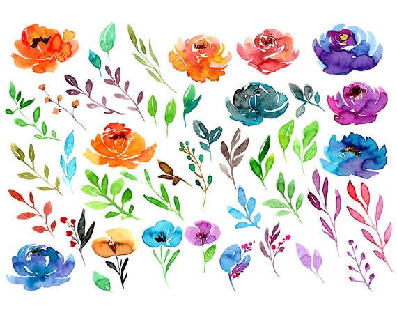 Bright watercolor flowers and leaves summer clipart / floral