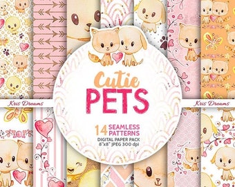 SALE 50% OFF Cat Dog Bird Pet Digital Paper Pack, Watercolor Paper, Cute, Cartoon, Butterfly, Wreath, Heart, Invitation, Scrapbook, Blog, Pl