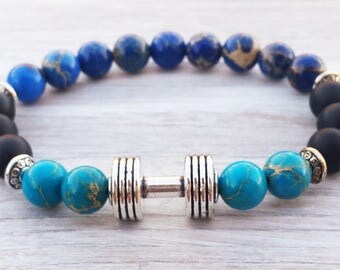 Dumbbell Mens Beaded Bracelet Blue Bead Gemstones Bracelet Gifts For Him Boyfriends Gifts Husbands Gifts Sportsmen Jewellery