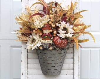 Fall Wreath For Front Door, Farmhouse Wall Hanger, Autumn Door Hanger, White Sunflowers and Welcome Scarecrow in a Metal Olive Basket.