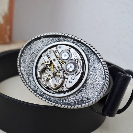 Black Belt, Belt buckle silver watch from old pocket watch, Black Leather, buckle, Steampunk, Belt Buckle, Unique Belt Buckle, Steampunk by SteampunkArtStudio steampunk buy now online