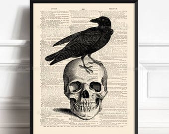 Raven Skull, Skull Artwork, Gothic Poster Gift, Gifts For Him Print, Real Skull Poster, Horror Wall Art, Raven Halloween Art Print Skull 054