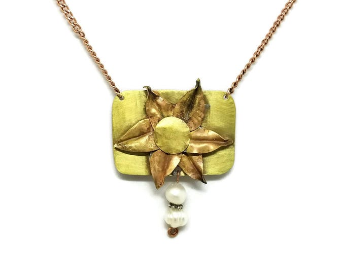 Brass Flower Pendant, Brass and Freshwater Pearl Necklace, Flower Necklace, Genuine Pearl Pendant, Unique Birthday Gift, N018