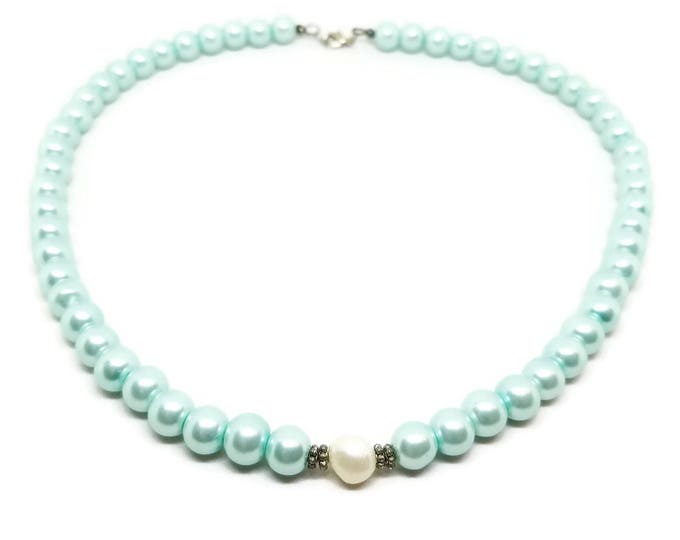 Seafoam Swarovski and White Freshwater Pearl Necklace, Faux Pearl Jewelry, Freshwater Pearl Necklace, Unique Birthday Gift, Gift for Her