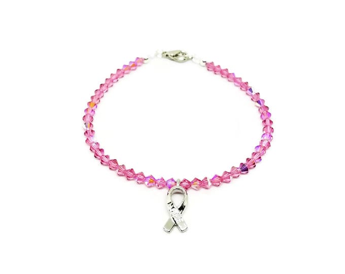 Pink Ribbon Bracelet, Breast Cancer Awareness Bracelet, Pink Ribbon Jewelry, Breast Cancer Jewelry, Hope Awareness, Swarovski Crystal