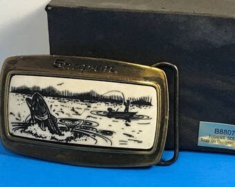 VINTAGE BELT BUCKLE Snap On Tools Solid Brass with original case box collectible usa original fishing scene trout bass lake fish pole lures