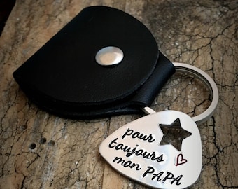 Hand Stamped Guitar Pick, Personalized Message Keyring, Custom Guitar Pick, Papa Je t'aime